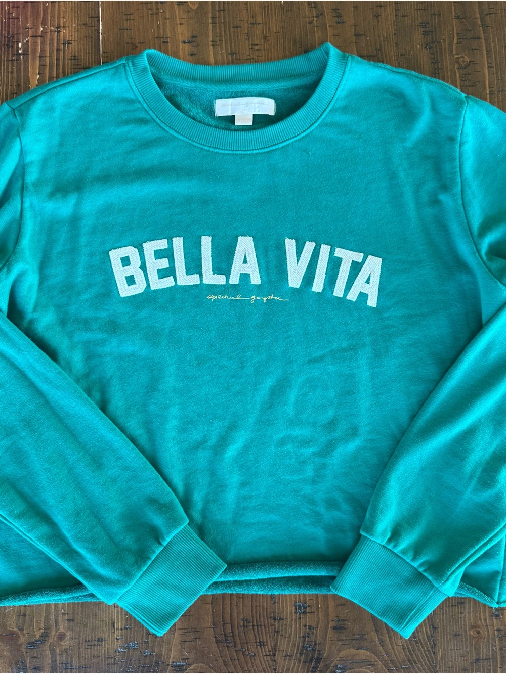 Spiritual Ganster “Bella Vita” Teal Cropped Crewneck Sweatshirt Sz L EUC